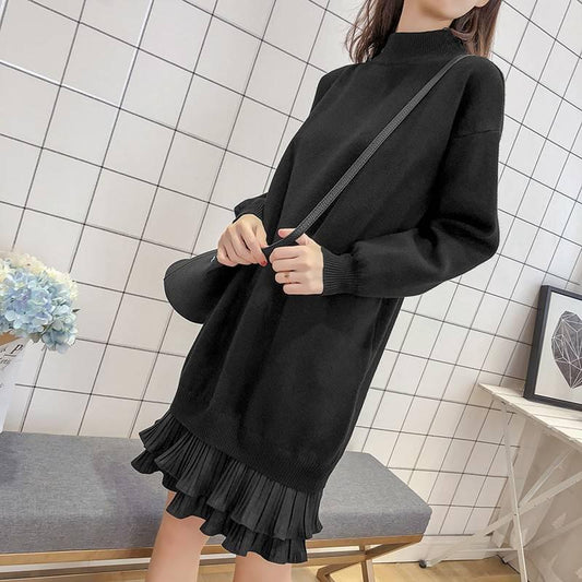 Pofulove Women Winter Sweater Dress Long Section Turtleneck Ruffles Lace Knitted Skirt Pullover