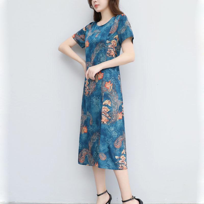 Retro Ethnic Print Mid-length Dress Summer New Plus Size Women's Loose Short-sleeved A-line Skirt