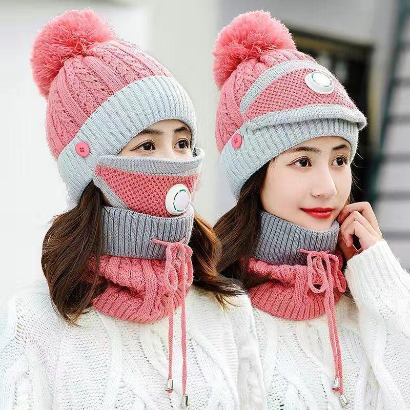 Women's Winter Hat with Velvet To Keep Warm One-piece Woolen Knit Hat Ladies Cycling Wind and Cold Bib Breathing Valve Mask One-piece Cap