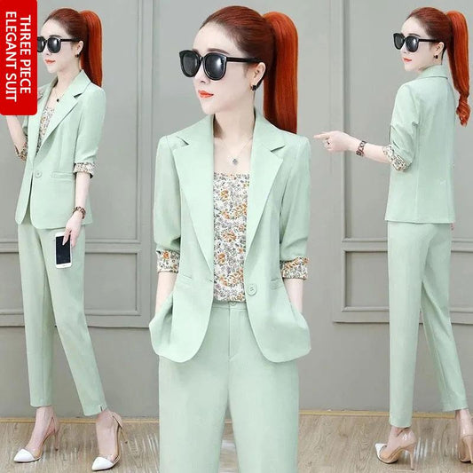 3PCS Women's Suit Three-piece Suit Spring and Autumn Casual Jacket + Floral Vest + Straight Trousers Professional Suit Ladies Thin Solid Color Suit