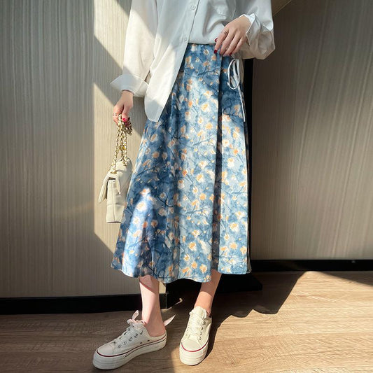 Female Oil Painting Flower Printing Vintage Skirt Elegant Slim High Elastic Waist Big Swing Holiday Skirt