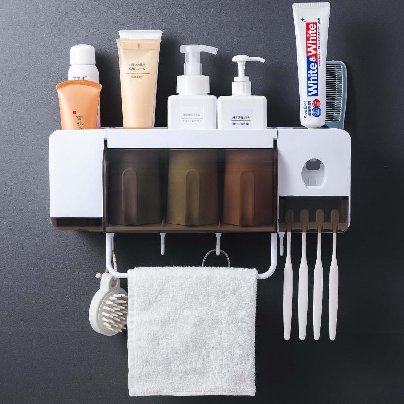 Dust-proof Wall-mounted Toothbrush Holder Set with Towel Rack Toothpaste Squeezer Cups