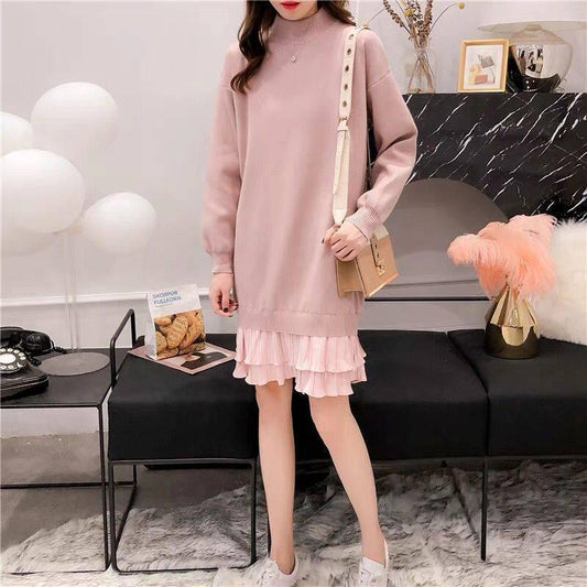 Pofulove Women Pretty Sweater Dress Long Section Turtleneck Ruffles Lace Knitted Skirt Pullover