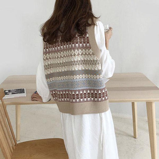 Vintage Printed Sweater Vest Women All-match Short Loose Pullover Vest Outer Wear Sweater Tank Tops