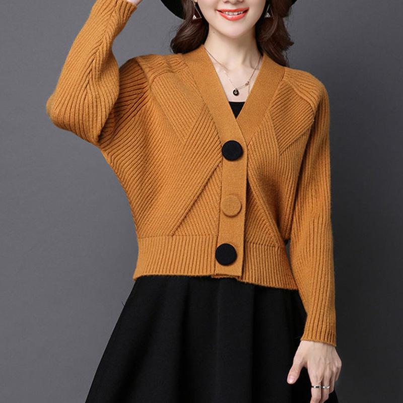 Spring and Autumn Short Knit Cardigan Long Sleeve V-neck Bat Shirt Long Sleeve Button Sweater Jacket