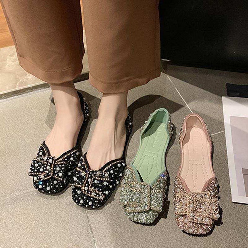 Single Shoes Women Spring and Summer Korean Version of Square Toe Flat Pearl Rhinestone Grandma Shoes Soft Sole