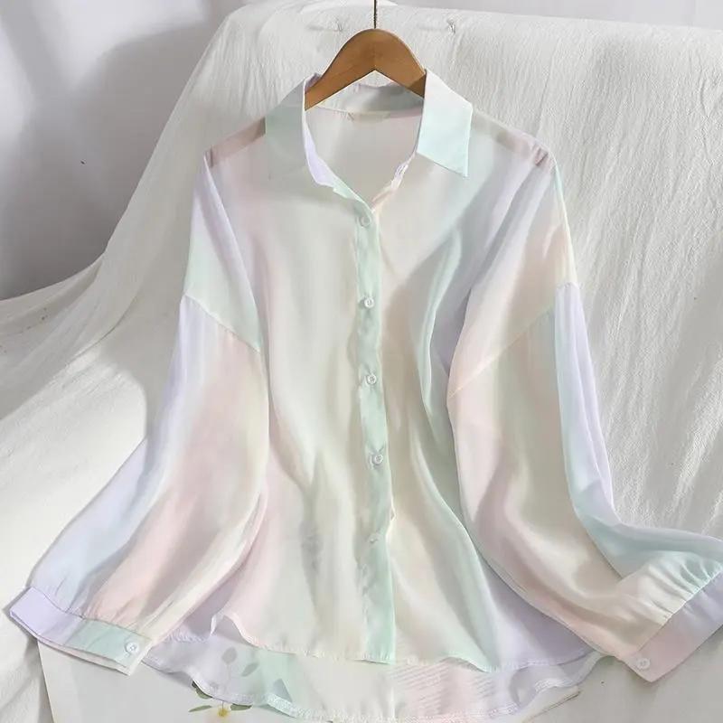 Mid-length Chiffon Shirt Rainbow Color Buttoned Shirt Age Reduction Sweet Summer Dress Gentle and Versatile Korean Sunscreen Shirt