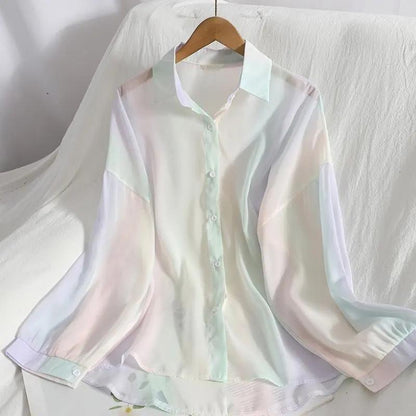 Mid-length Chiffon Shirt Rainbow Color Buttoned Shirt Age Reduction Sweet Summer Dress Gentle and Versatile Korean Sunscreen Shirt