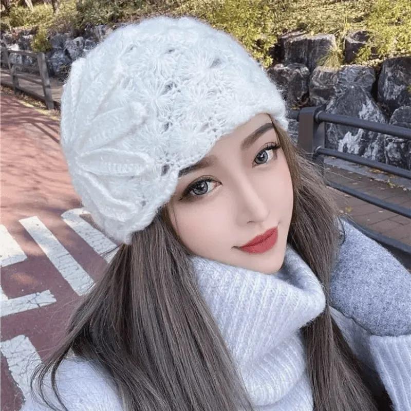 Knitted Hat Woman Autumn and Winter Wild Handmade Flower Warm Sweater Hat Bag Head Month Cap