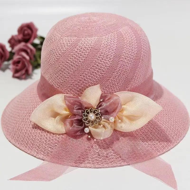 Women's Sun Cap Summer Flower Ribbon Bow Straw Hat Sunscreen Hollow Out Beach Holiday Vacation Anti-UV Hat All-match Sun Hat