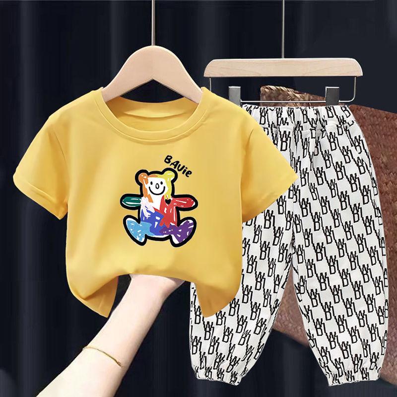 Summer Children's Short-sleeved Suit Boys T-shirts Girls Middle and Small Children Baby Cartoon Two-piece Graffiti Bear