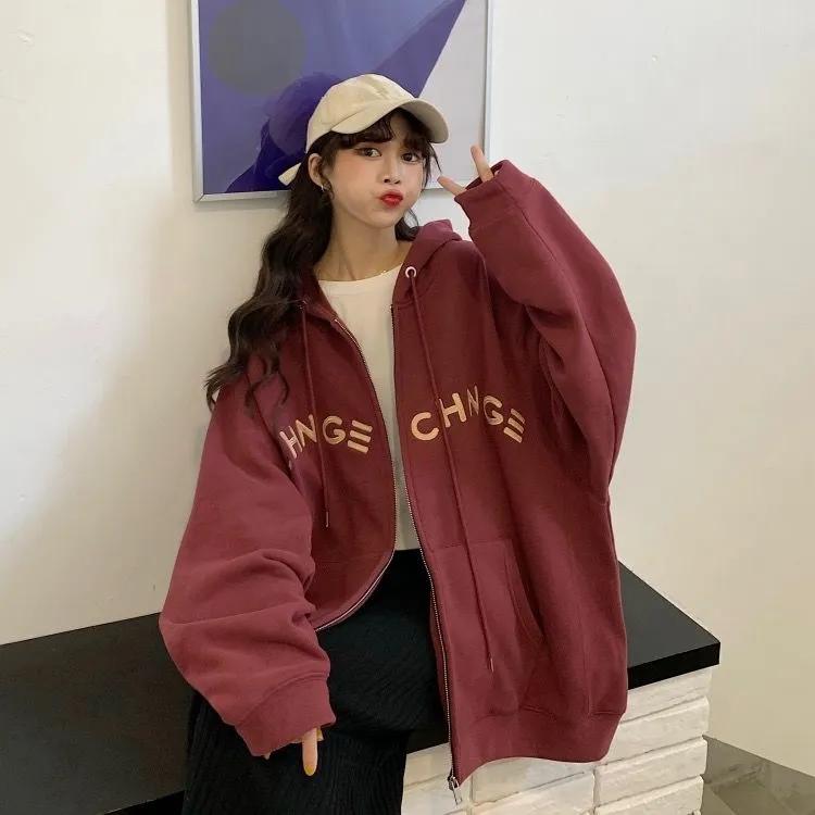 Embroidered Solid Color Sweater Coat Women Autumn and Winter Loose Hooded Cardigan Large Size Sweater Girl's Zipper Jacket