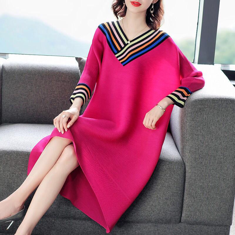 Ladies Dress V-neck Large Size Loose Solid Color Mid-length A-shaped Skirt Nine-point Sleeves