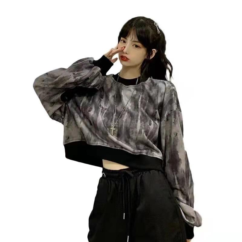 Women's Sweater Spring and Summer Korean Version Loose Harajuku Style Tie-dye Ripped Sweater Short Thin Long-sleeved Top