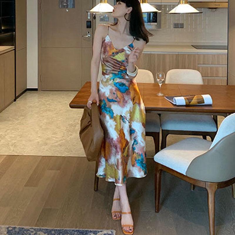 Women Sexy V Neck Maxi Dress Spaghetti Strap Dress Sleeveless Backless Long Painted Print Dress Lady Vestido