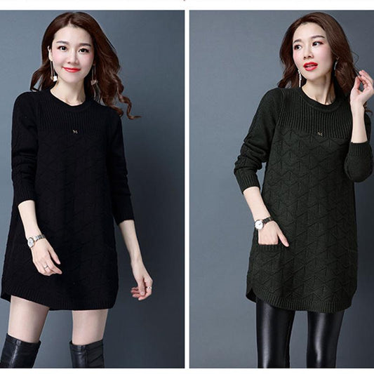 Thick and Velvet Mid-length Sweater Women's Low Round Neck Spring and Autumn Large Size Pullover Loose Knit Bottoming Sweater Sweater Skirt