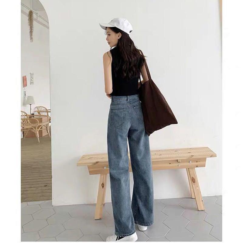 WTEMPO High Waist Women Jeans Loose Casual Great Elasticity Washed Denim Straight-leg Pants Super Long