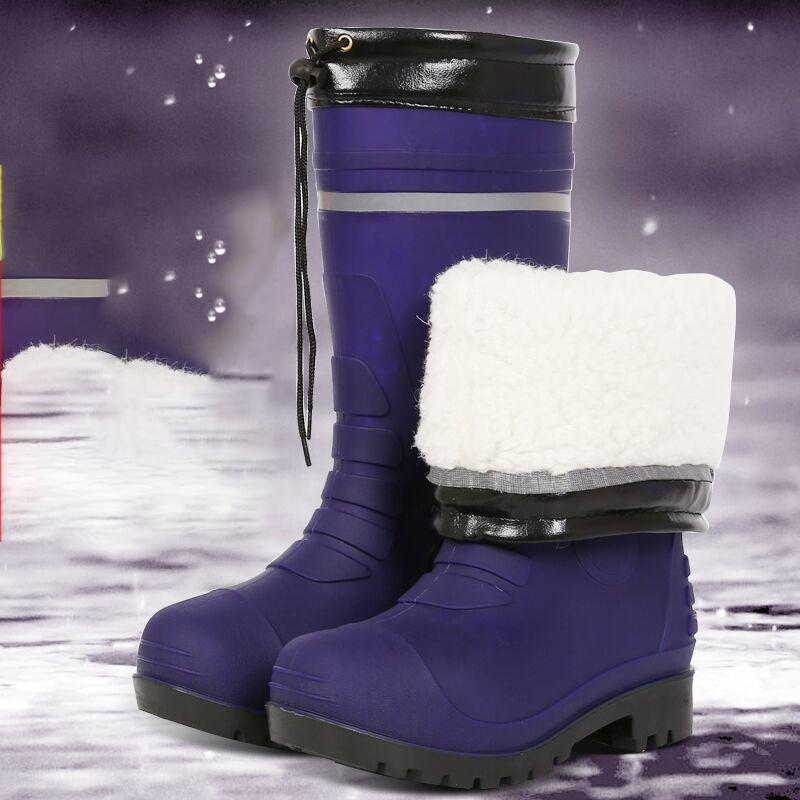 High Tube Rain Boots Men Thickened Middle Tube Rain Boots Warm Shoes Winter Water Shoes Cotton Rubber Shoes Plus Cotton Overshoes Car Wash Shoes