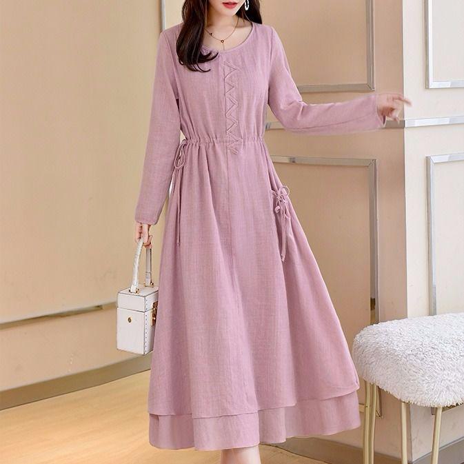 Women Autumn Winter Plus Size Dress Elegant Party Patchwor Dress Ruffle 3 Color Long Dresses