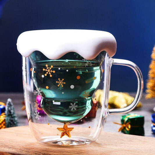 250ML Christmas Mug Creative Glass Mug Christmas Tree Star Cup High Temperature Resistant Mug Double Layer Water Cups Xmas Gifts