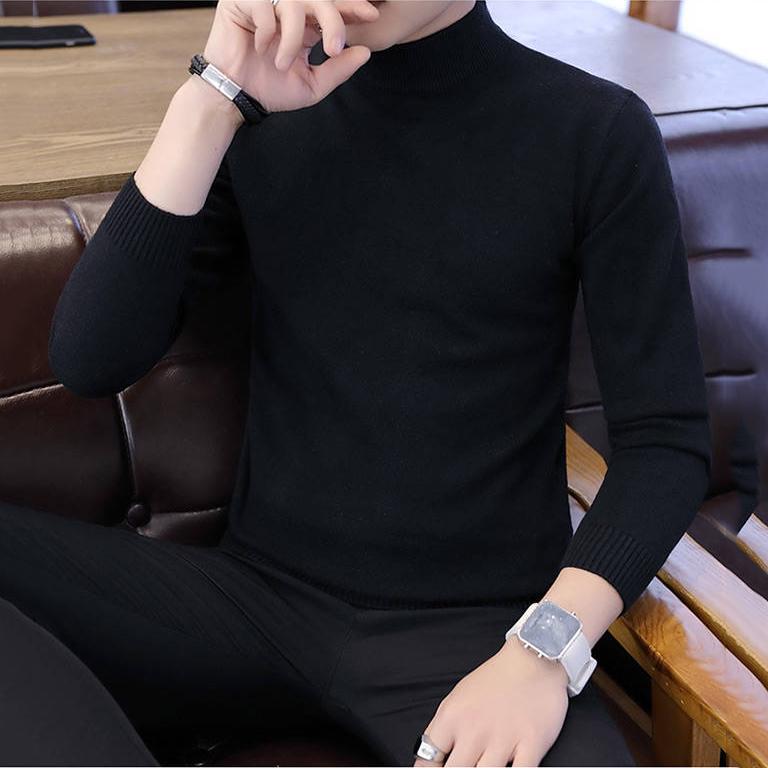 WTEMPO Men Pullover Solid Color Half Turtleneck Sweater Winter Warm Knitted Sweater Soft Casual Pullover