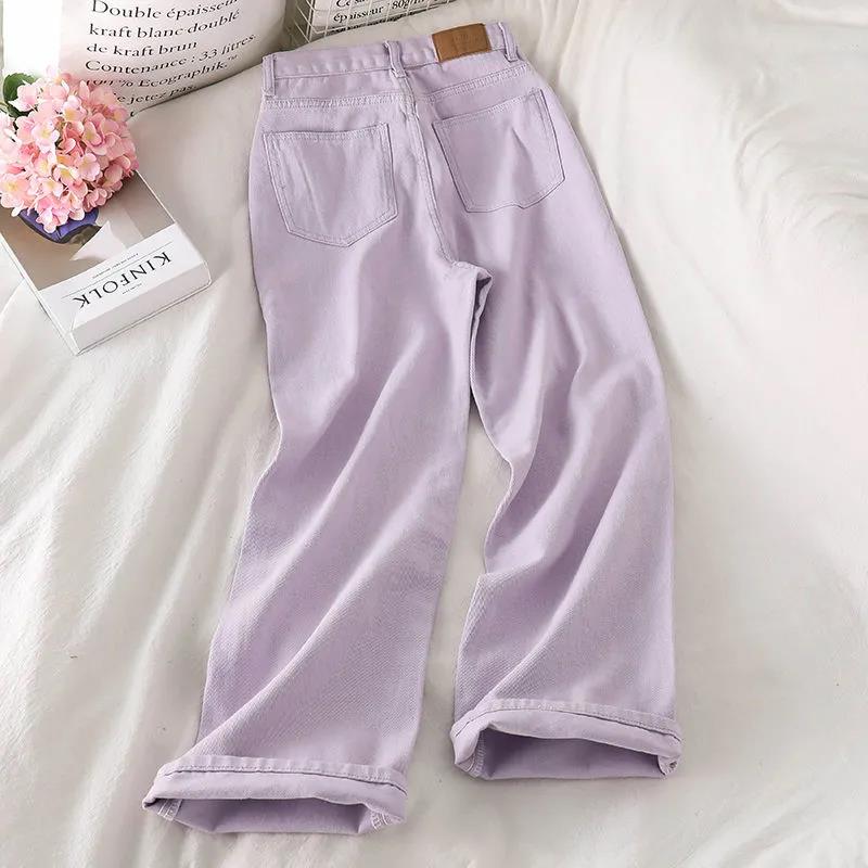 High Waist Jeans Female Straight Widespants Purple Trousers Loose Loose Wild