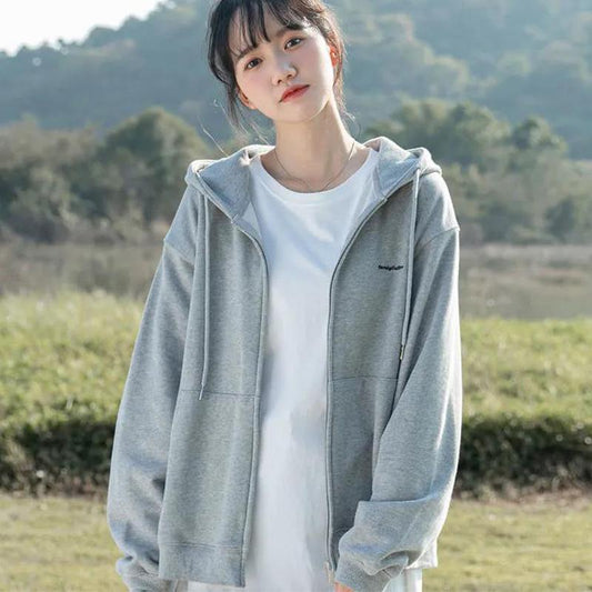 Spring and Autumn Gray Hooded Cardigan Sweater Women Korean Sports Loose All-match Casual Jacket