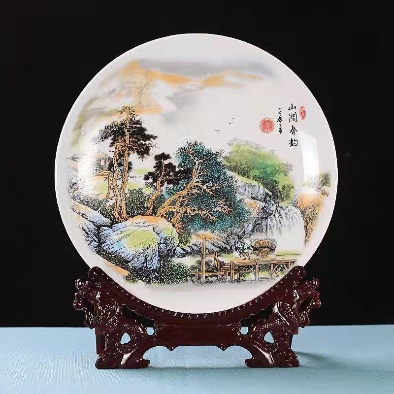 26cm Autumn Mountain Creek Famille Rose Porcelain Plate Chinese Traditional Ornaments Antique Cultural Relics Ornaments