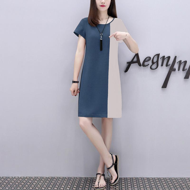 Round Neck Short-sleeved A-line Skirt Loose Dress Women's Summer Loose Loose and Thin Cover Meat Casual Skirt Stitching Color Dress