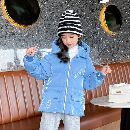 Girls' Winter Padded Down Jacket Bright Leather Disposable Light Cotton Clothing Short Thermal Padded Jacket