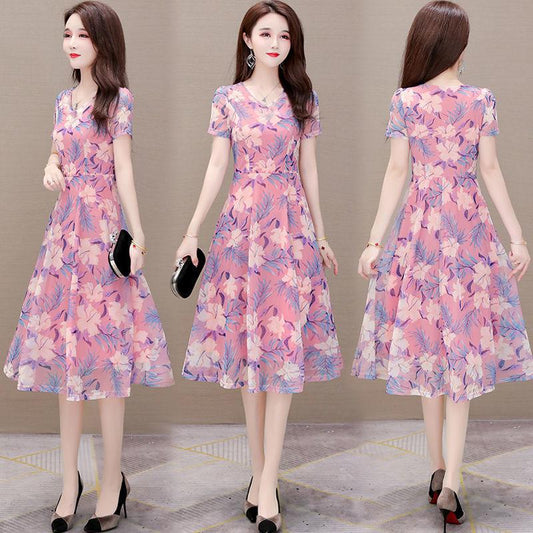 Women Summer Dress Vintage High Waist Short Sleeve Holiday Dress Elegant Slim Floral Printed Pleated Casual Dress