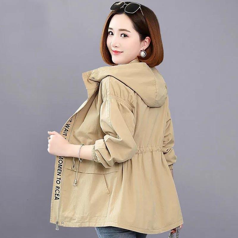 Double Layer Lining Windbreaker Women's Spring and Autumn Style Waist Loose Casual Hooded Raincoat Jacket