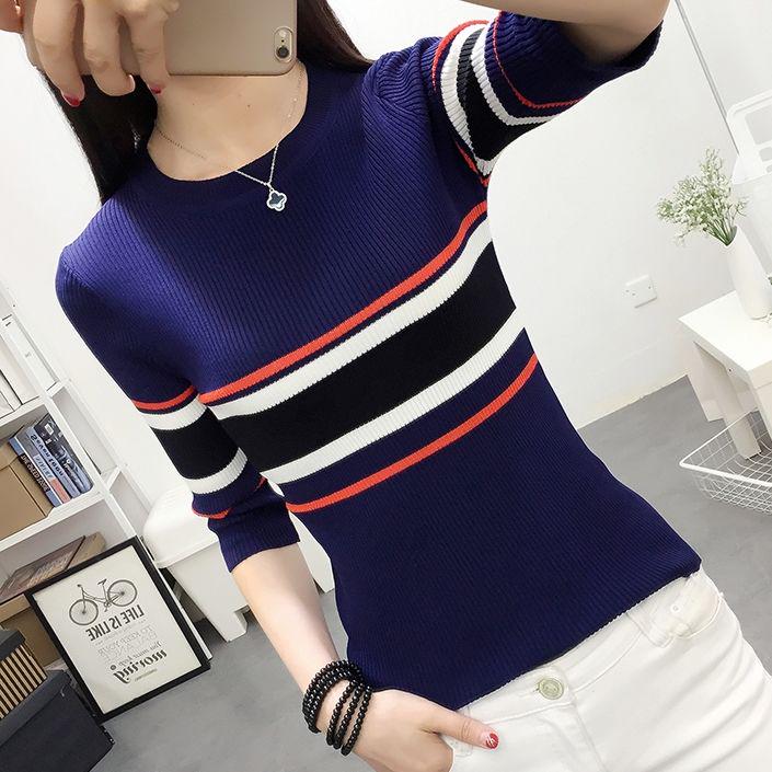 Women's autumn round neck sleeves fashion striped bottoming shirt long-sleeved sweater sweater