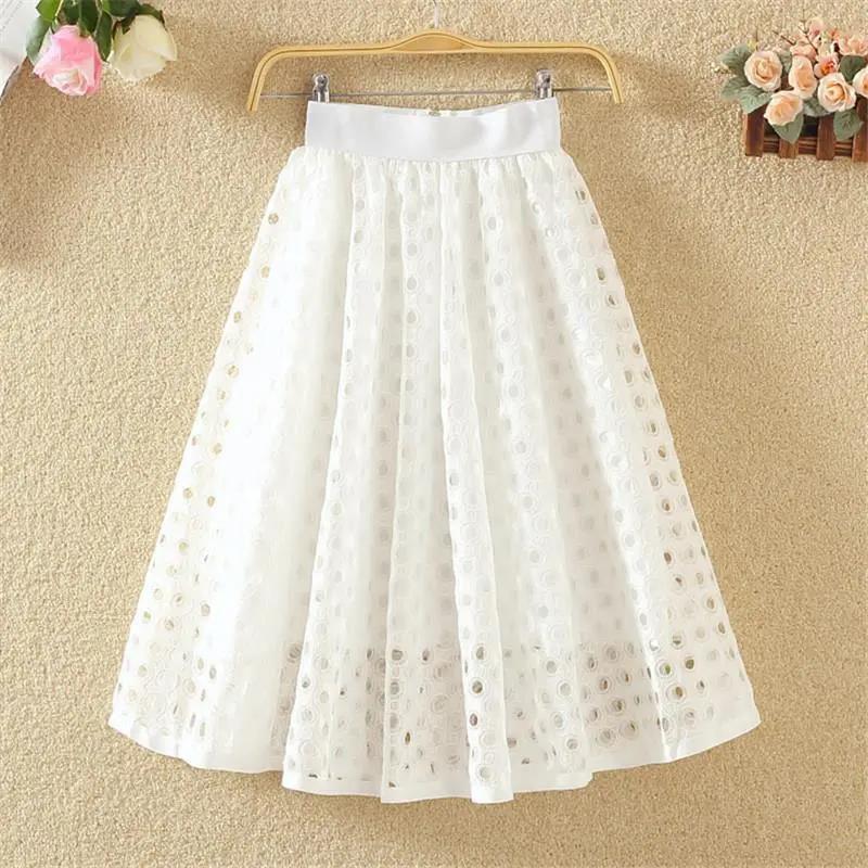 Female High Waiste A-line Versatile Pompous Skirt Circle Cut-out Lace Medium Length Slim Elegant Streetwear Skirt