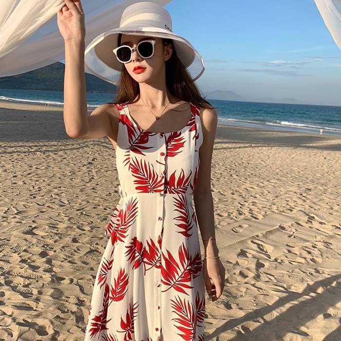 Pofulove Summer Women Red Leaf Sexy Dress Bohemia Sun-dresses Sleeveless Below Knee Beach Dresses