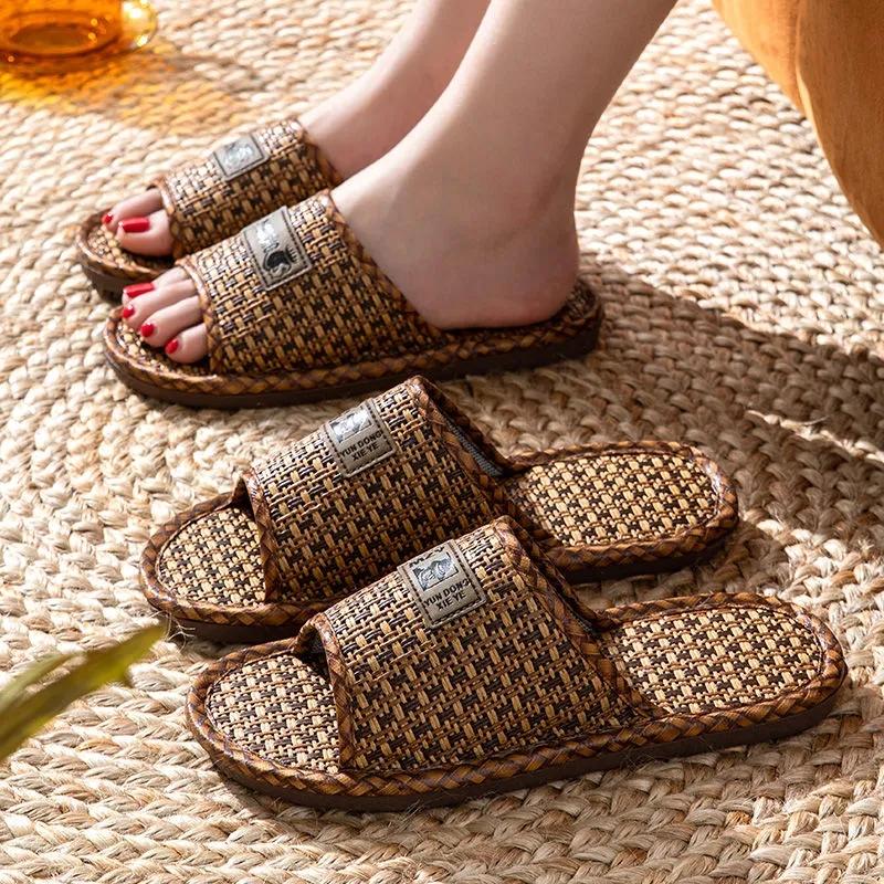 Women's Sandals and Slippers Summer Straw Bamboo and Rattan Couples Home Household Indoor Non-slip Soft Bottom Men's Linen Slippers