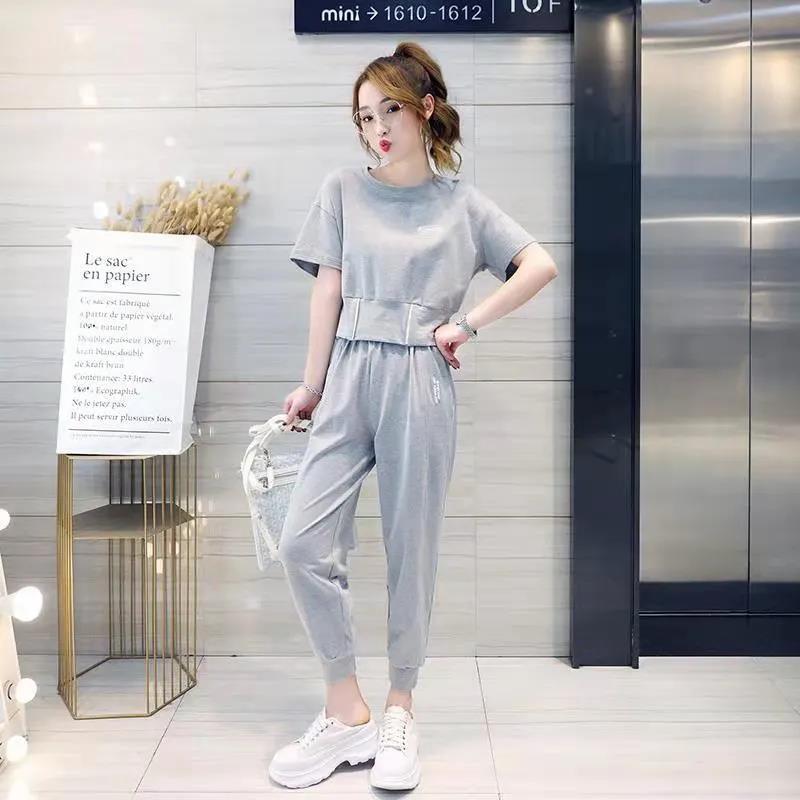 Short-sleeved Sports and Leisure Suits Women's Short Loose T-shirt Trousers Can Be Elasticated Waist Two-piece Leisure Outdoor Sports Suit