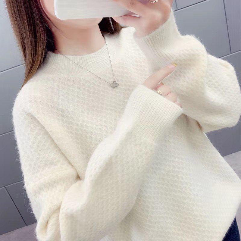 Autumn and Winter Loose Sweater Thick Korean Knit Jacket Half High Collar Casual Girl Student's Top