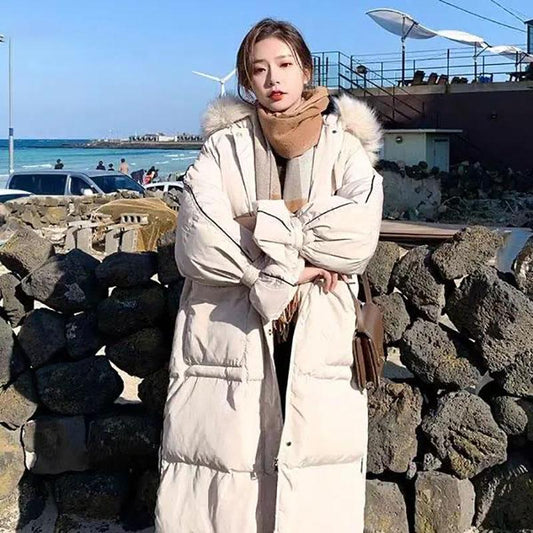 Ladies Down Jacket Winter Fashion Big Fur Collar Hooded Jacket Thick and Cotton Warm Mid-length Jacket