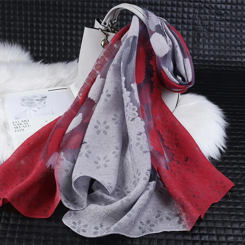 Women's Spring and Summer Two-color Gradient Silk Scarf Hollow Cut Flowers Organza Lace Gauze Scarf Shawl Long 190cm Thin Floral Neckerchief Shawl