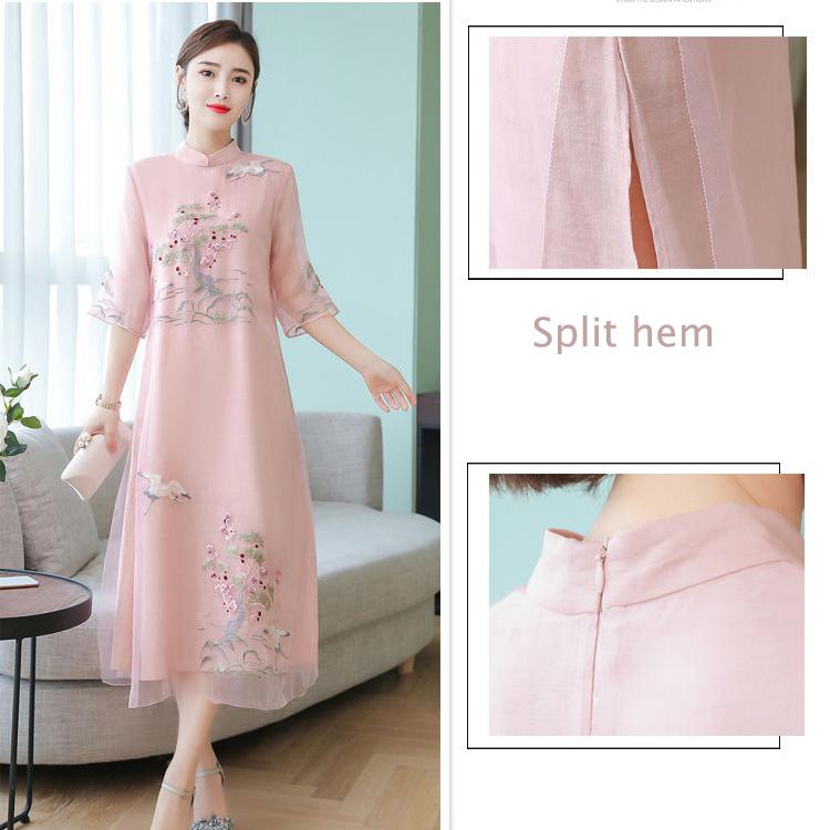 Chiffon  Cheongsam M-XXXXL Plus Size Chinese Style Summer Dress Knee-length Printed Over-the-knee Skirt