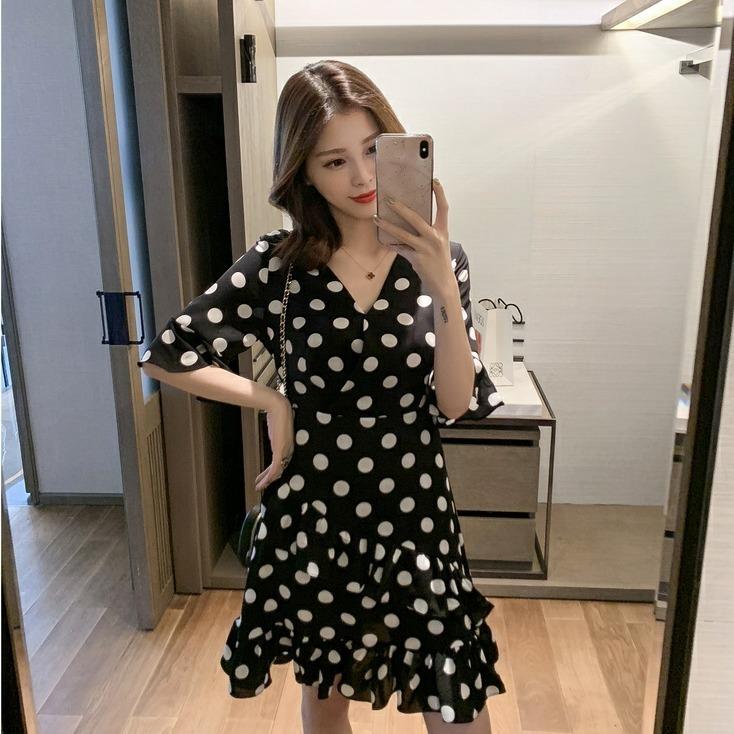 Women's Summer Korean Elegant Medium Length V-neck Wave Point Ruffle Waist Retro Slim Dress