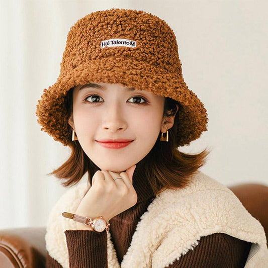 Women Hat Autumn and Winter All-match Lamb Wool Fisherman Hat Round Face Thinner Thick Bucket Hat Fashion Warmth Out Hat Adjustable Size