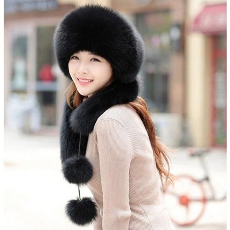 Women's Snow Hat Autumn Winter Faux Fox Fur Hat Scarf Integrated Mongolian Hat Warm Hat Female Long Plush Fluffy Plush Fur Ball Cap Scarf Set