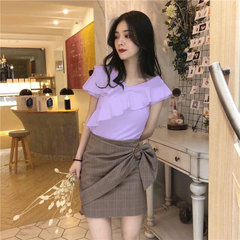 V-neck Top T-shirt Ruffled Comfortable Shirt Summer Korean Version Off Shoulder All-match Short-sleeved Tops Slim Thin Tops Women's Clothing