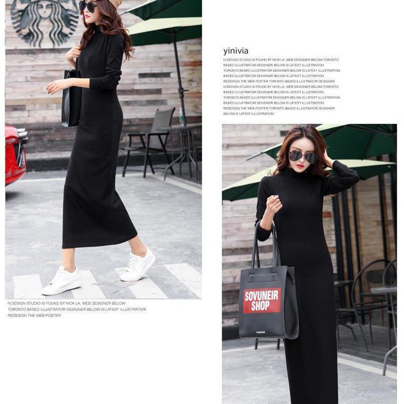 Plus Velvet Thick Warm Dress Winter Long-sleeved Half-high Collar Ladies Long Skirt Slim Over-the-knee Bottoming Bag Hip Skirt