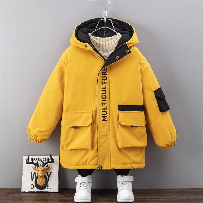 Boys Plus Fleece Padded Jacket Autumn and Winter Quilted Big Boy Handsome Mid-length Cotton Coat Children's Warm Windbreaker Jackets