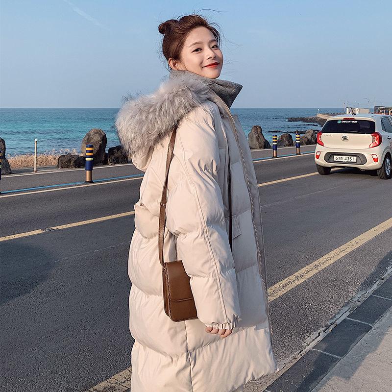 Autumn and Winter Ladies Down Padded Jacket Long Over The Knee Fur Collar Hooded Down Padded Jacket Slim Hooded Padded Warm Parka Coat