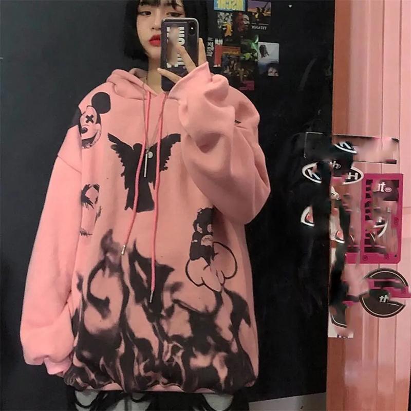 Anime Sweatshirts Hoodies Women Oversized Fashion Printed Streetwear Hip Hop Harajuku Pullovers Pink Girl Pattern Plus Size Loose Hooded Tops Women