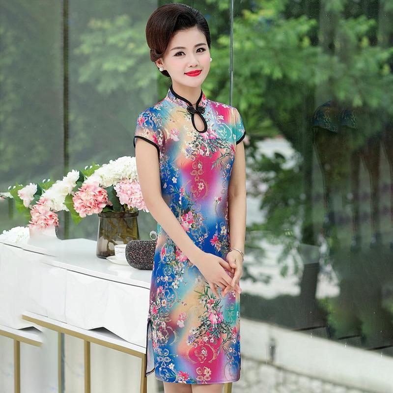 Summer Improved Cheongsam Female Mother Dress Retro Short-sleeved Dress Mid-length Middle-aged and Elderly Printed Cheongsam Dress